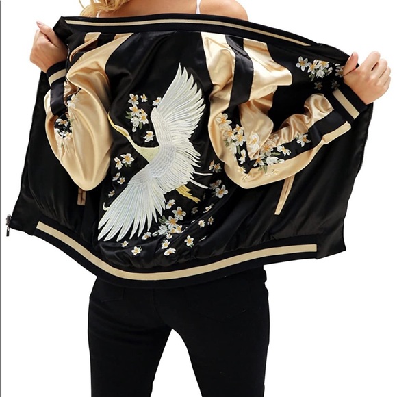 Jackets & Blazers - Satin Feel Embroidered Bomber Jacket